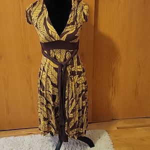 Womens small yellow and brown 100% modal dress with tie waist